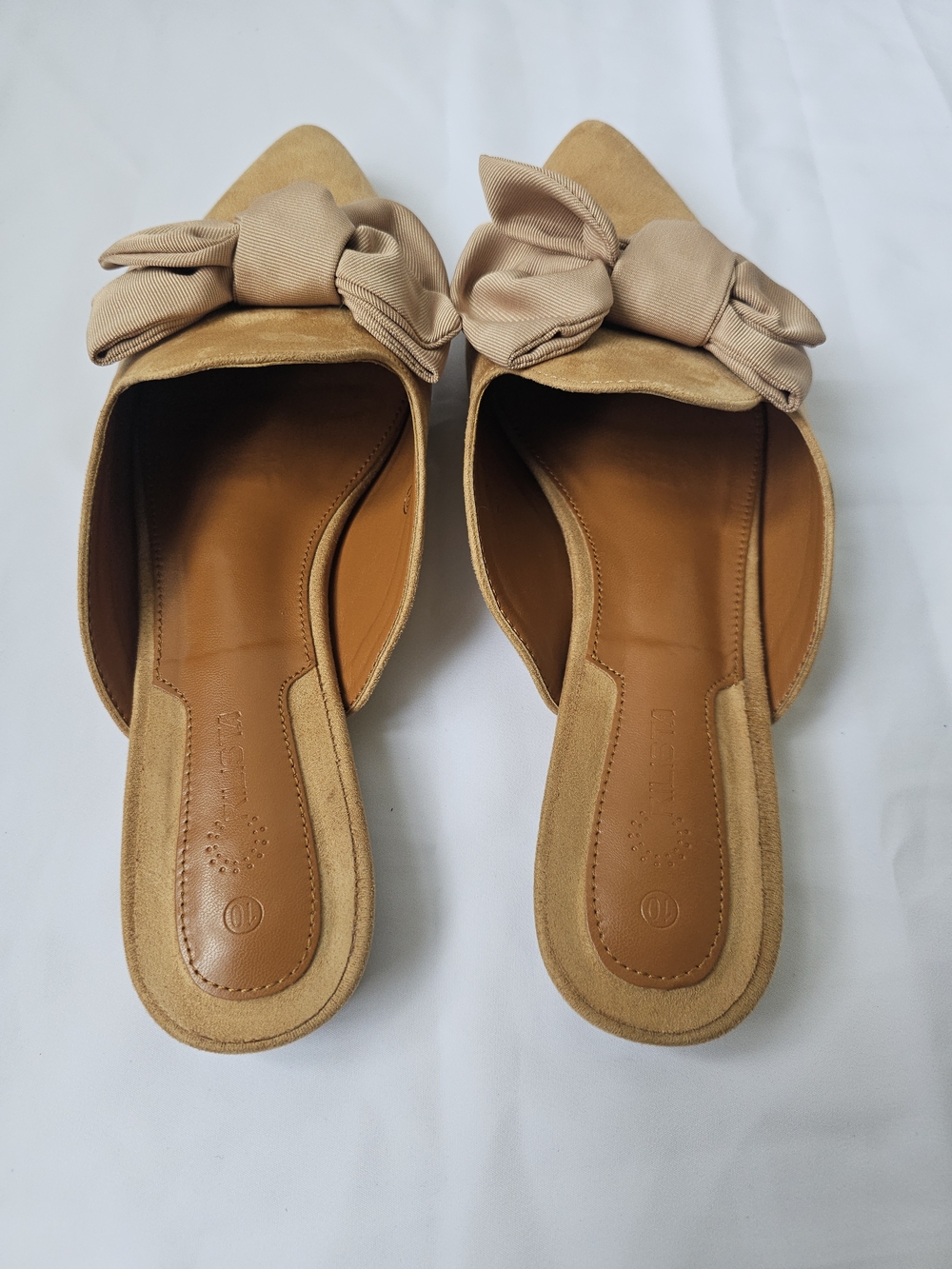 Rilista Khaki Suede Pointed Toe Bow Mules - Size 10 - Picture 17 of 17